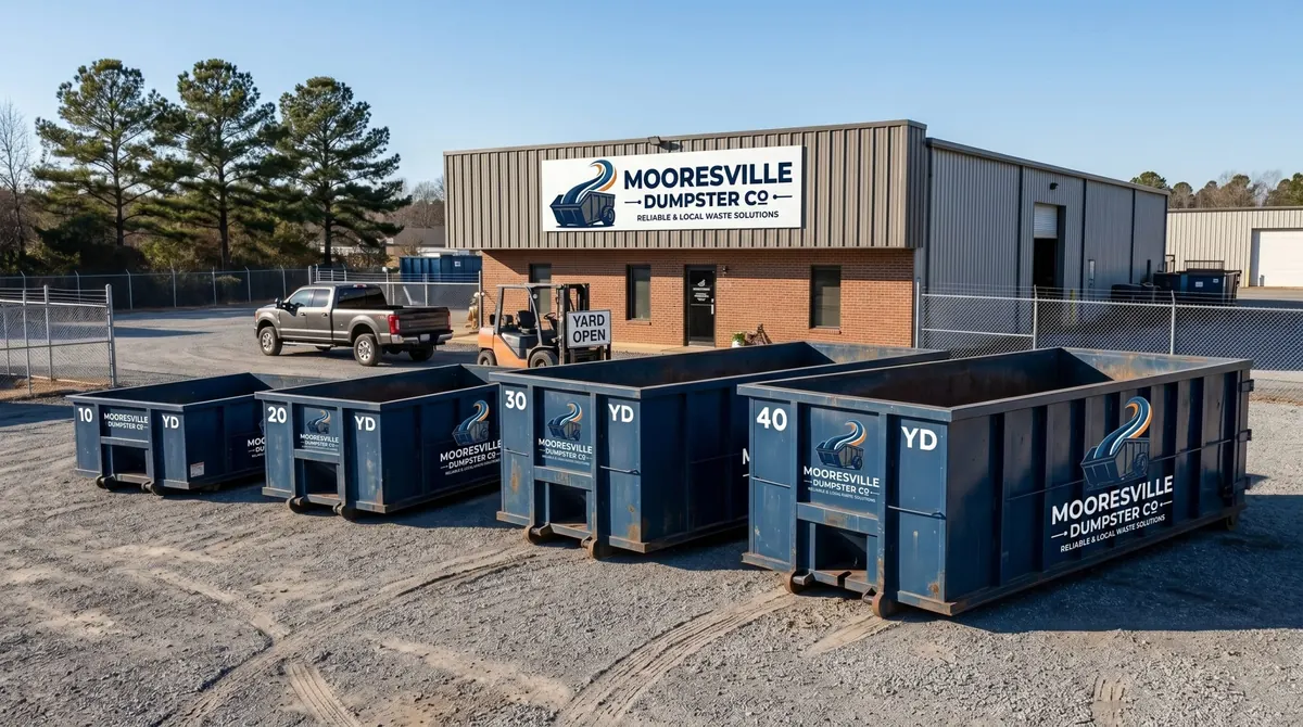 Mooresville Dumpster Co 10, 20, 30 and 40 yard roll-off containers lined up outside the office and yard