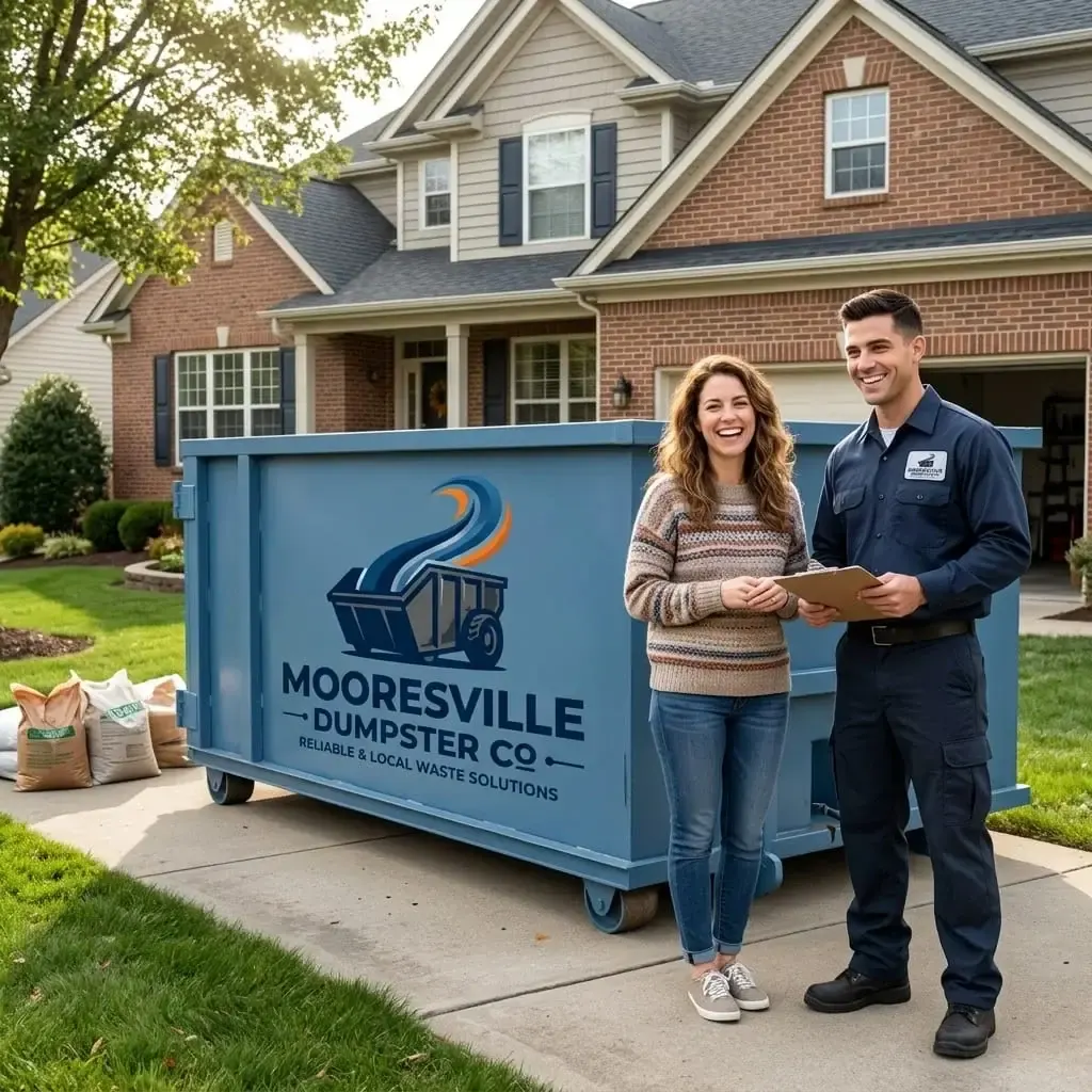 Smiling homeowner talking with a Mooresville Dumpster Co crew member holding a clipboard beside a roll-off container in front of a house