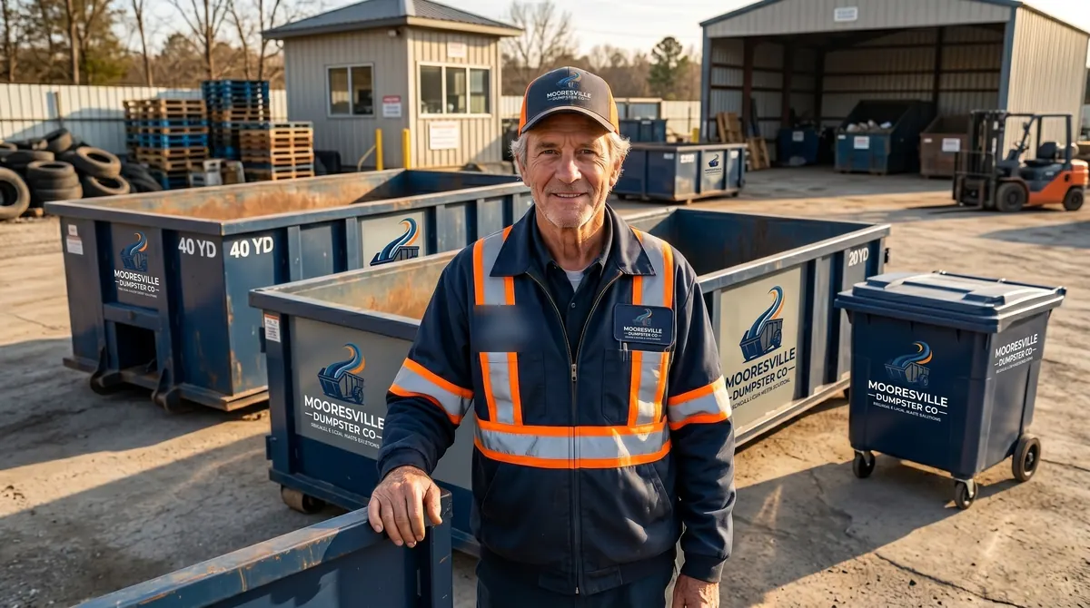 Mooresville Dumpster Co crew member in a hi-vis jacket standing in the container yard
