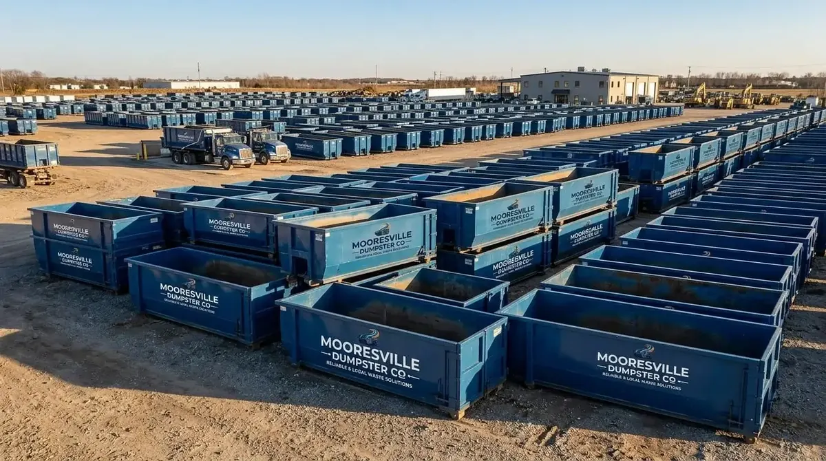 Rows of navy Mooresville Dumpster Co roll-off containers lined up in the container yard
