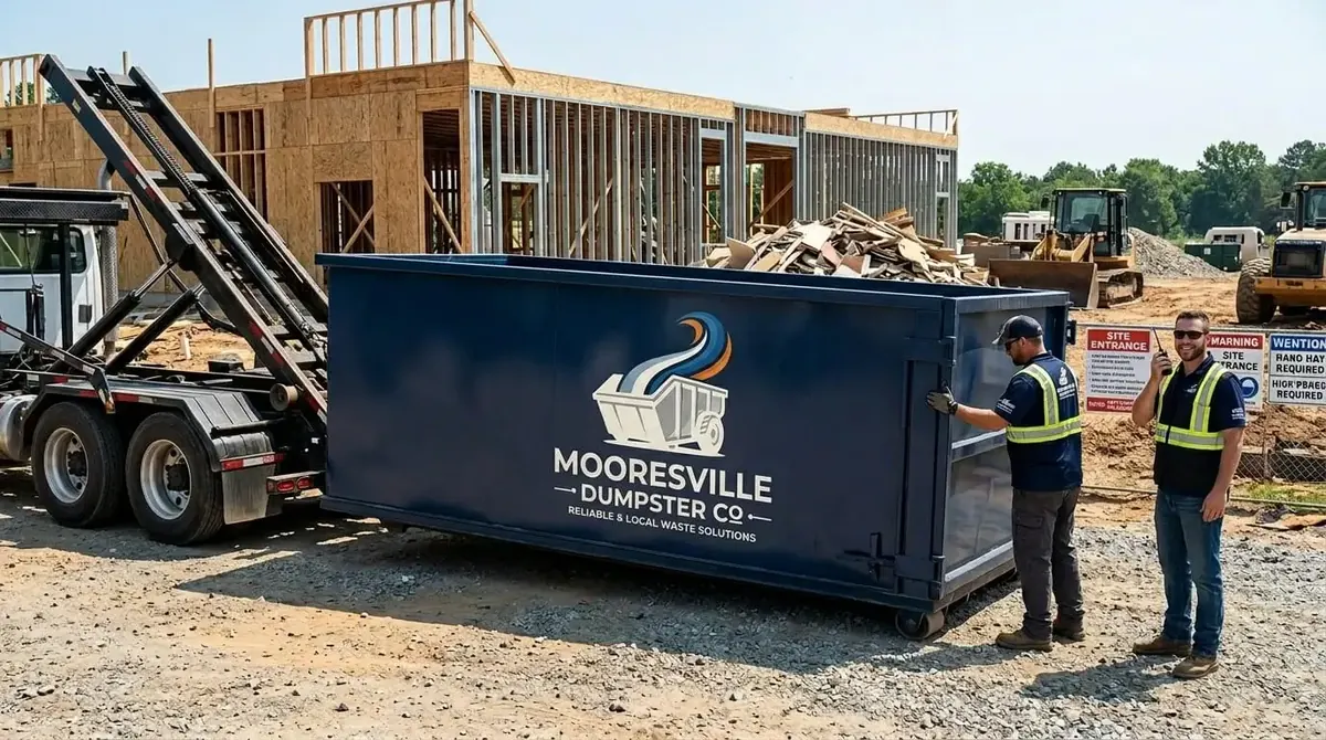 Mooresville Dumpster Co crew members in hard hats and safety vests beside a roll-off container on a construction site