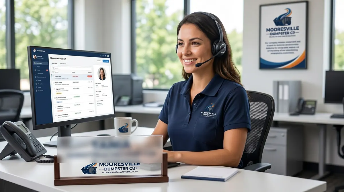 Mooresville Dumpster Co team member wearing a headset at the customer-care desk