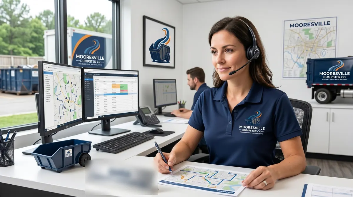 Mooresville Dumpster Co dispatcher wearing a headset at a desk with route maps on the screens