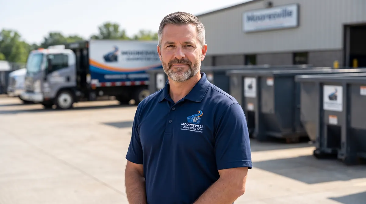 Mooresville Dumpster Co team member in a company polo shirt in the yard, with roll-off trucks and containers behind
